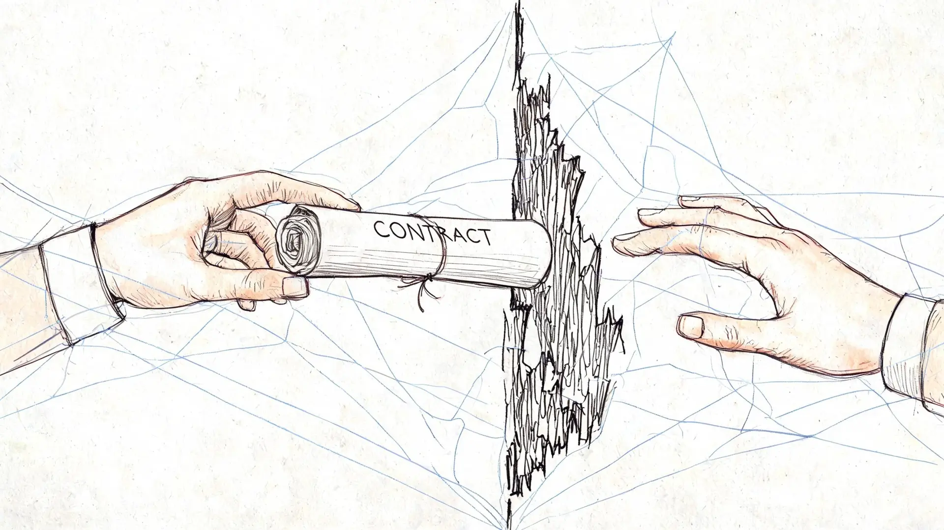 A conceptual illustration of two hands reaching across a jagged wall to exchange a signed contract.