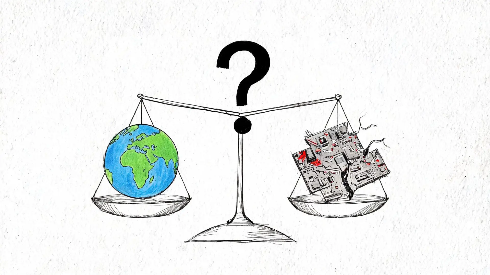 A hand-drawn illustration depicting a balance scale with planet Earth on one side and electronic components on the other.