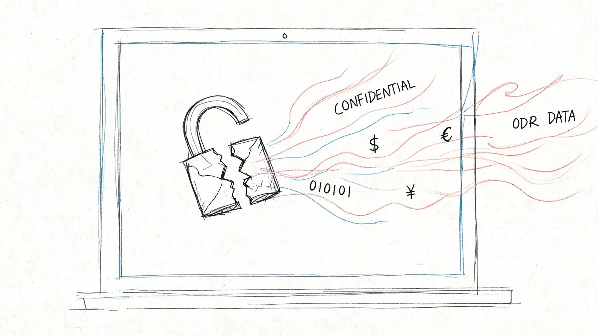 A digital sketch of an open broken padlock leaking confidential data and financial symbols from a laptop screen.