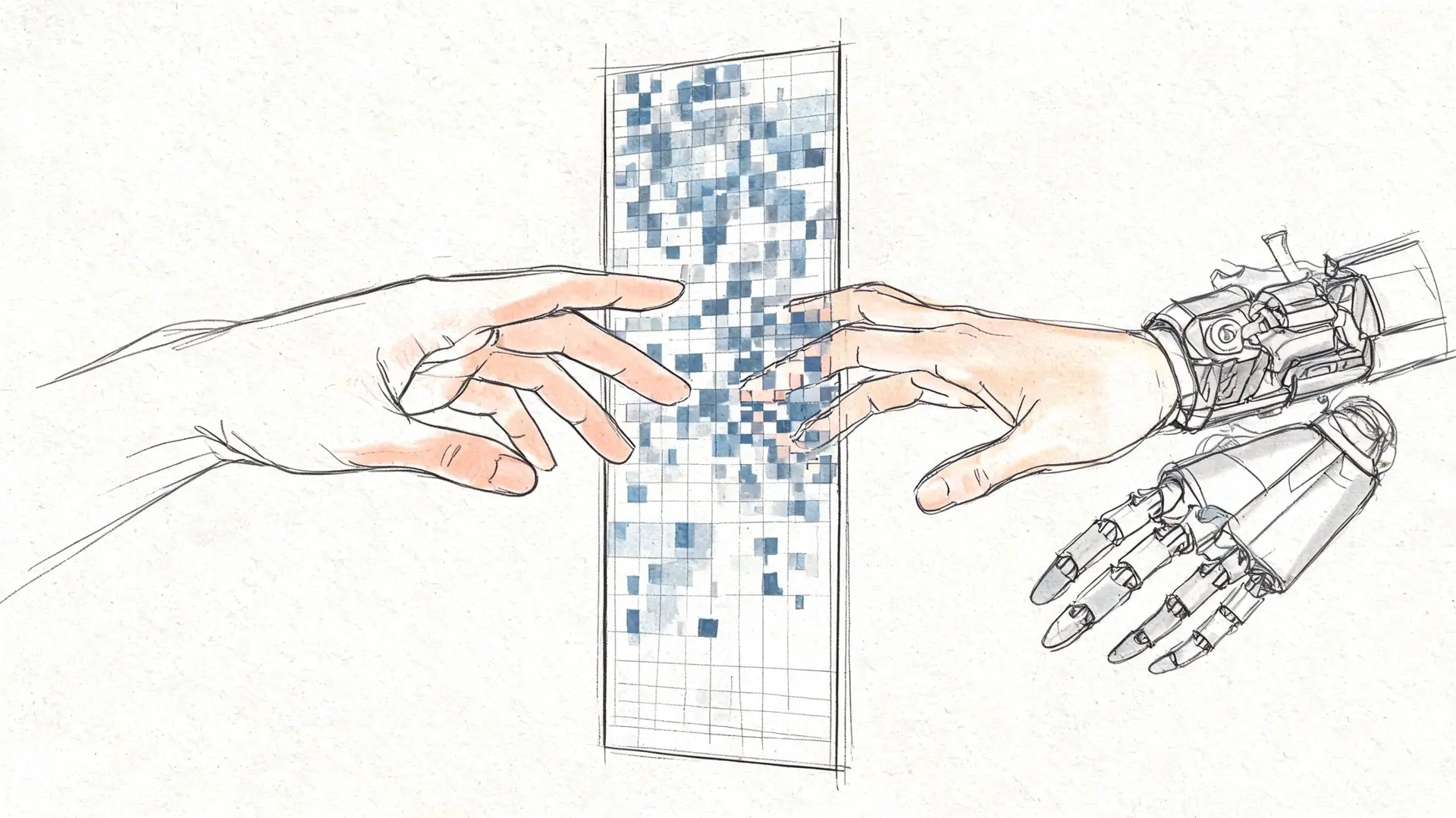 A conceptual illustration showing a human hand reaching toward a robotic hand across a digital interface.