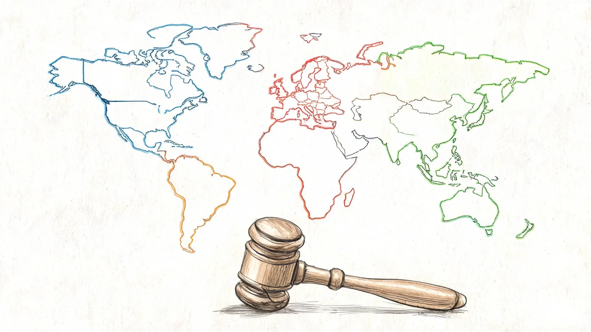 A hand-drawn sketch showing a world map above a wooden judge's gavel on a white background.