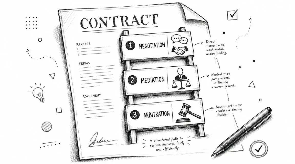 A hand-drawn illustration showing the steps of dispute resolution including negotiation, mediation, and arbitration on a contract.