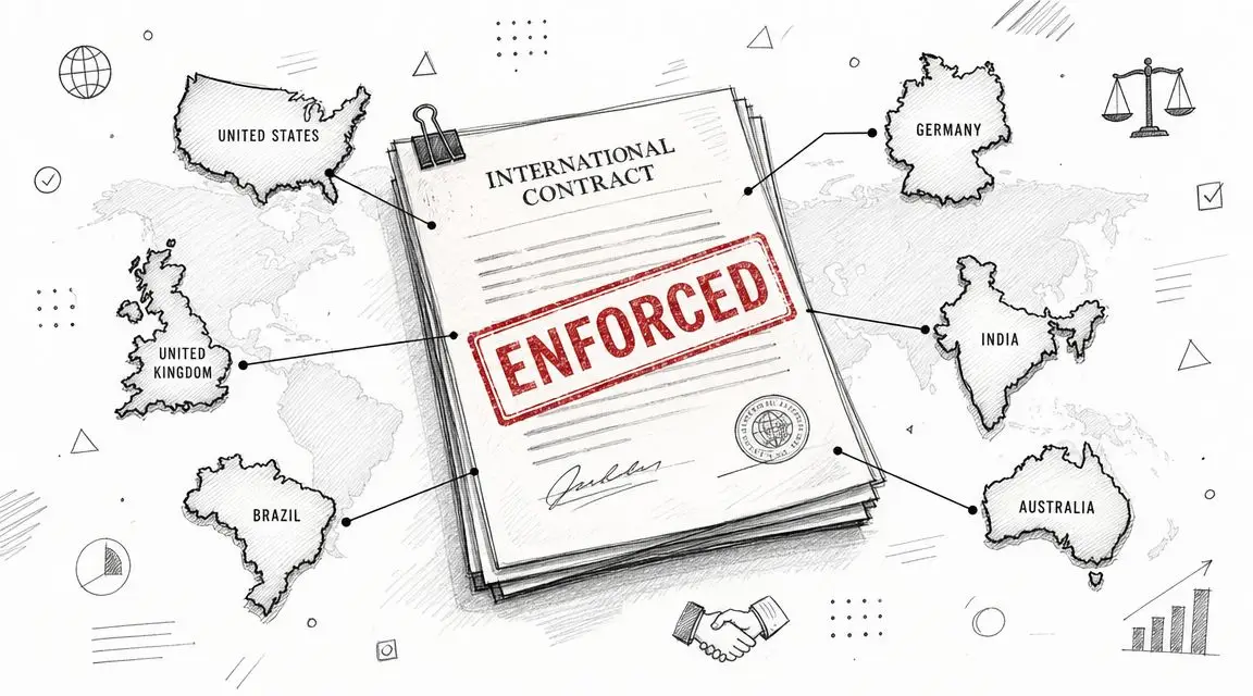 A hand-drawn illustration depicting an international contract marked with an ENFORCED stamp, surrounded by several country maps.