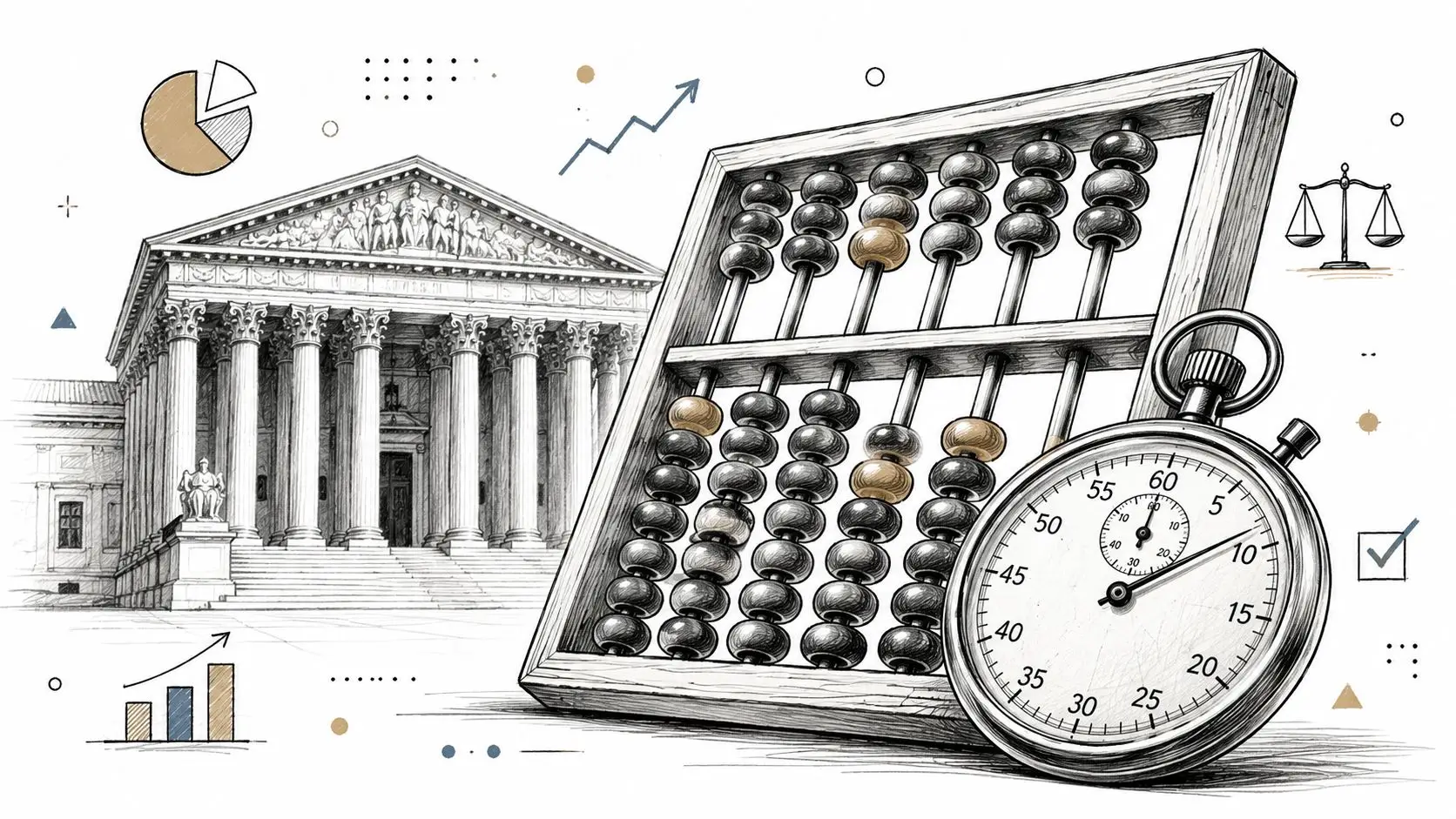 A conceptual illustration featuring a courthouse, abacus, and stopwatch representing legal processes, efficiency, and alternative dispute resolution.