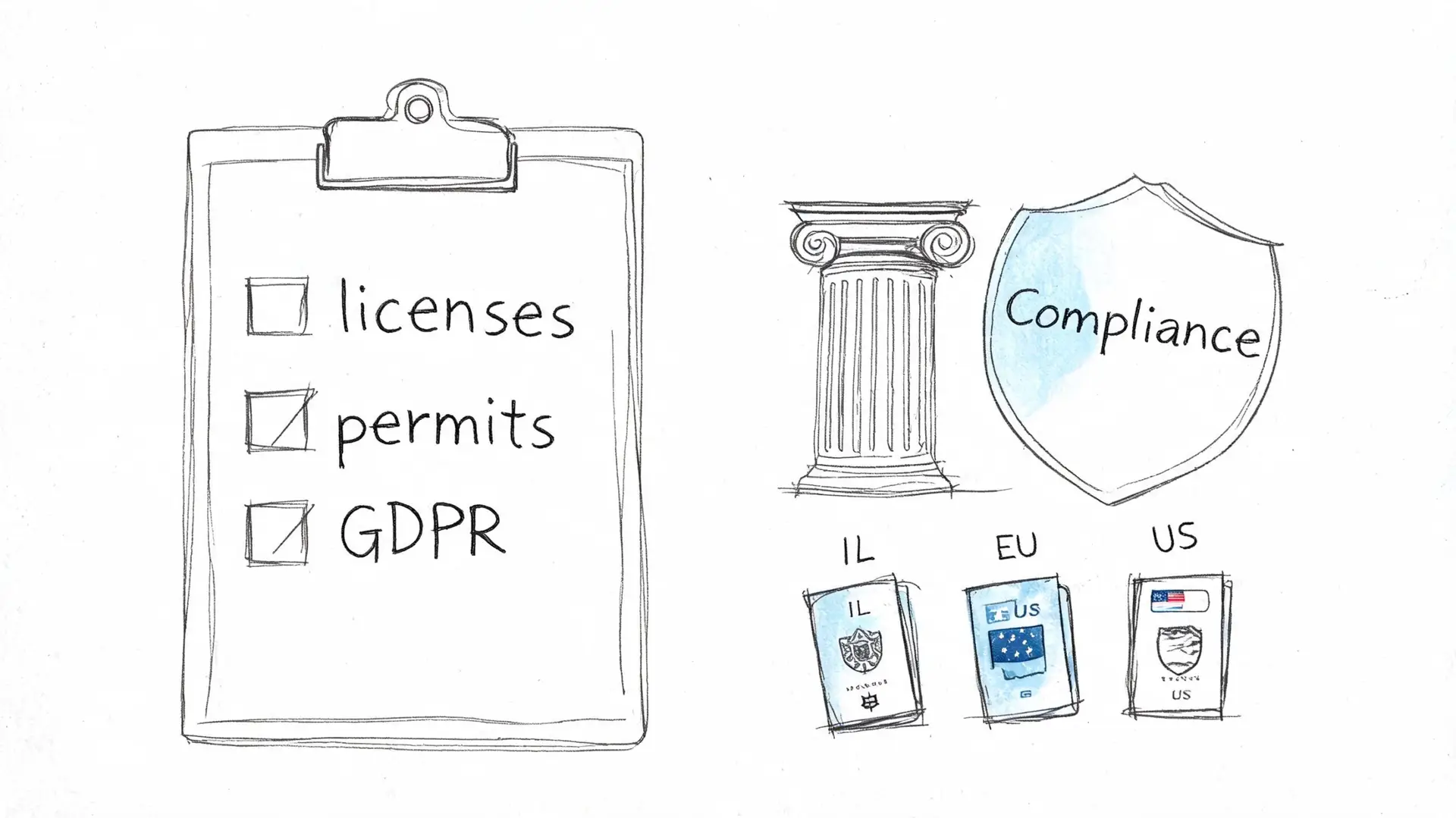 A checklist featuring licenses, permits, and GDPR compliance, alongside a pillar, shield, and passport icons.
