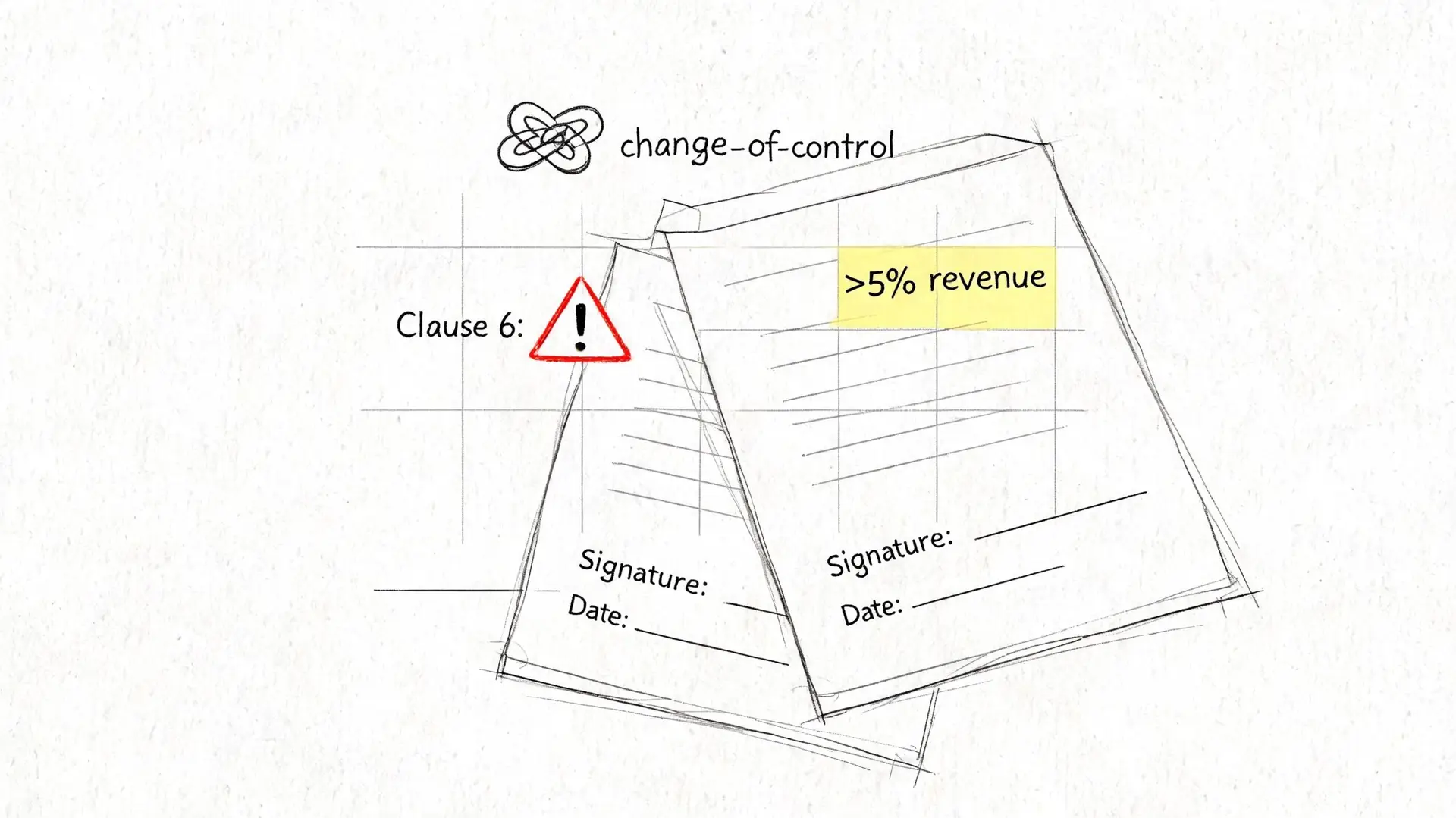A conceptual sketch illustrating a change-of-control clause in a contract impacting more than five percent of revenue.