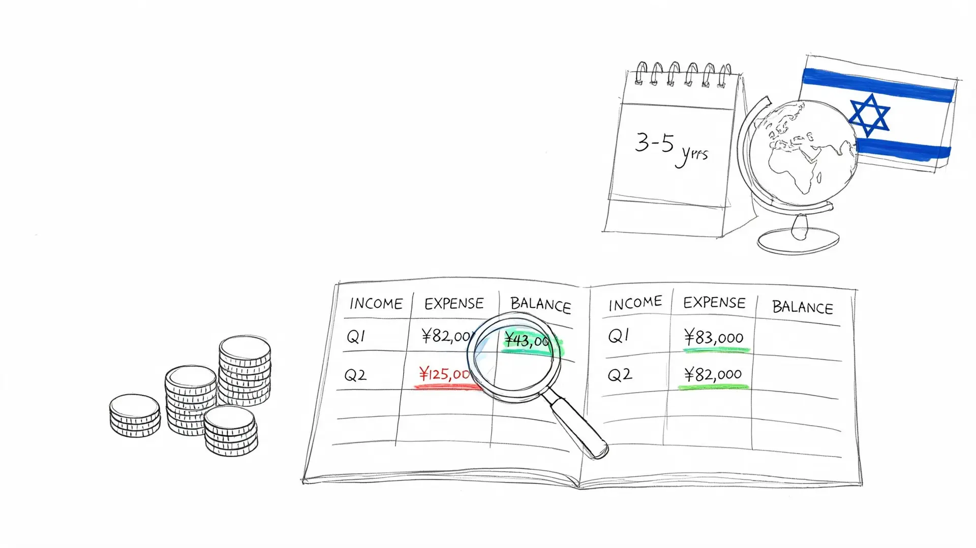 A hand-drawn sketch illustration featuring a financial ledger with expense columns, coins, a calendar, and a globe.