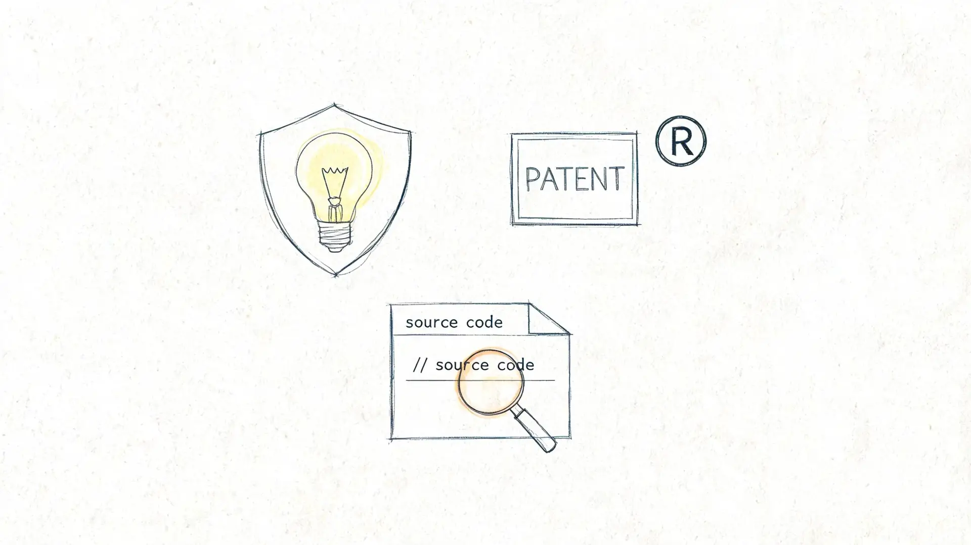 A conceptual illustration representing intellectual property concepts with a lightbulb in a shield, a patent box, and source code.