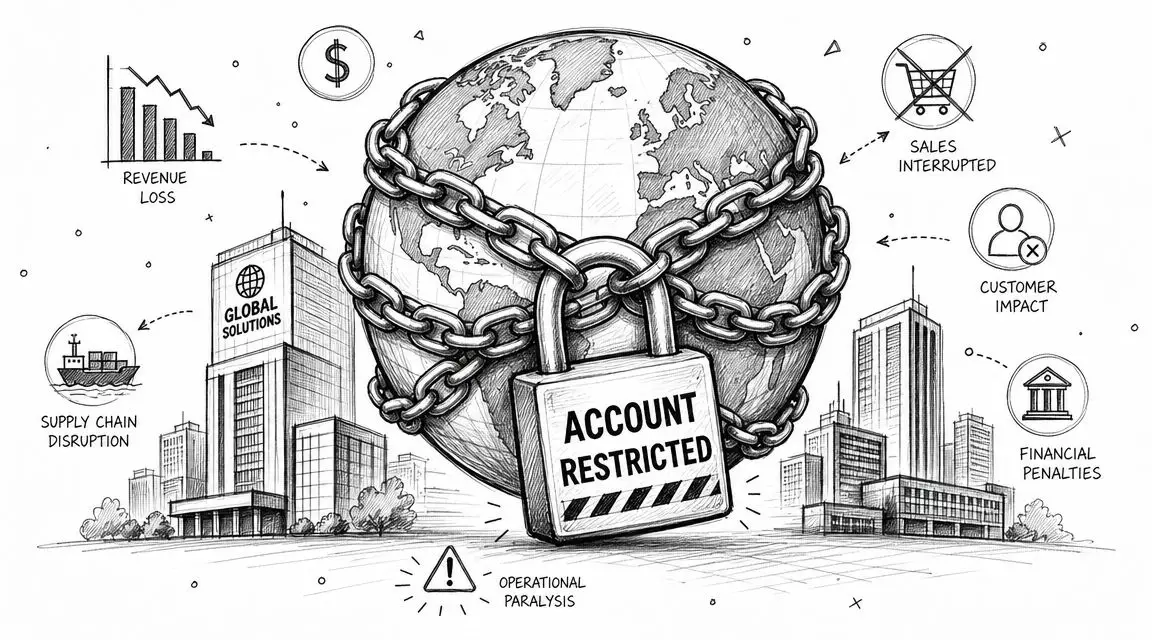 A pencil sketch illustration depicting a globe locked by chains with the text Account Restricted, representing global business disruptions.