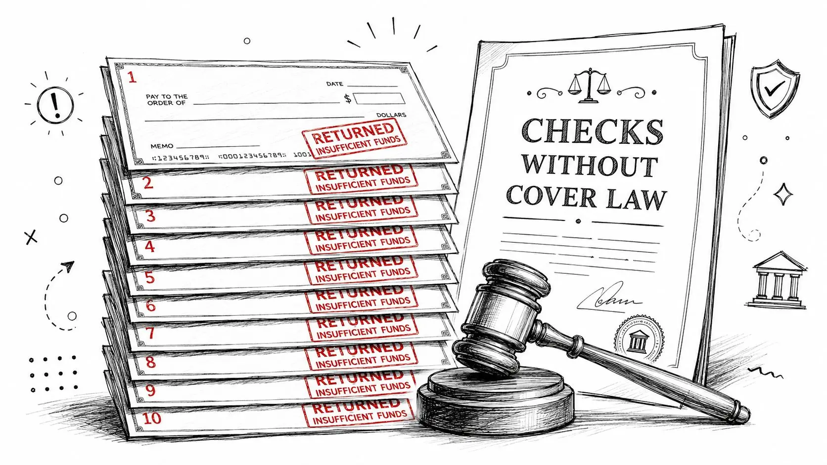 A stack of checks marked with insufficient funds stamps next to a legal document and a wooden gavel.