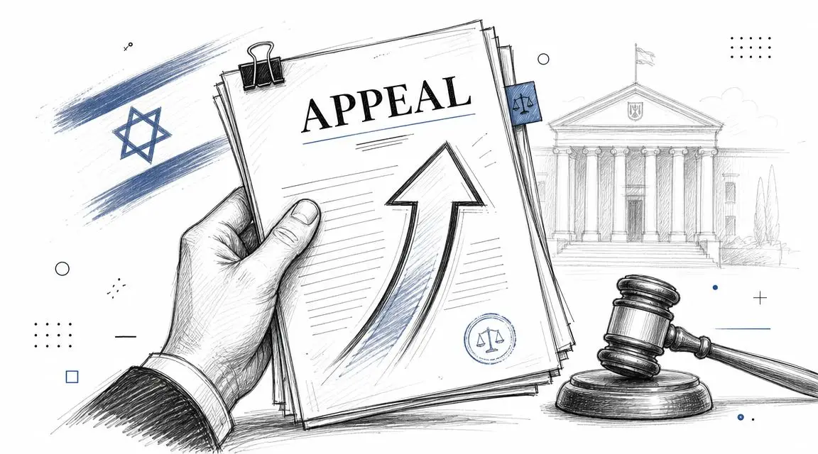 A hand holding a legal appeal document with an upward arrow, alongside a judge's gavel and courthouse.