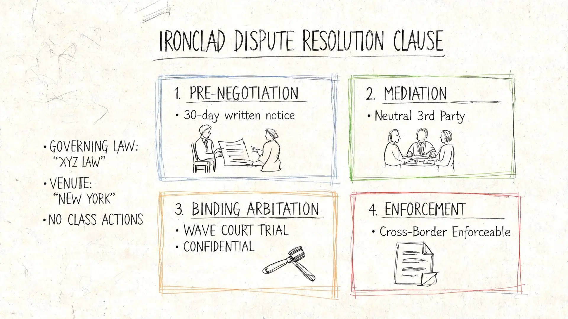 A hand-drawn flowchart illustrating a four-step international commercial dispute resolution process including negotiation, mediation, arbitration, and enforcement.