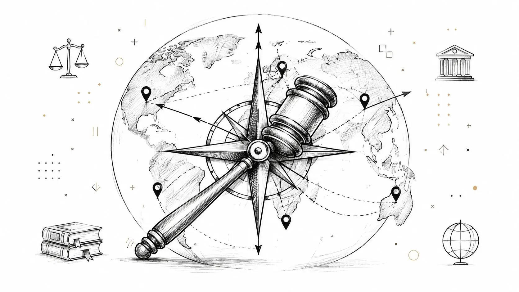 A conceptual sketch featuring a gavel shaped like a compass over a globe with global location markers.