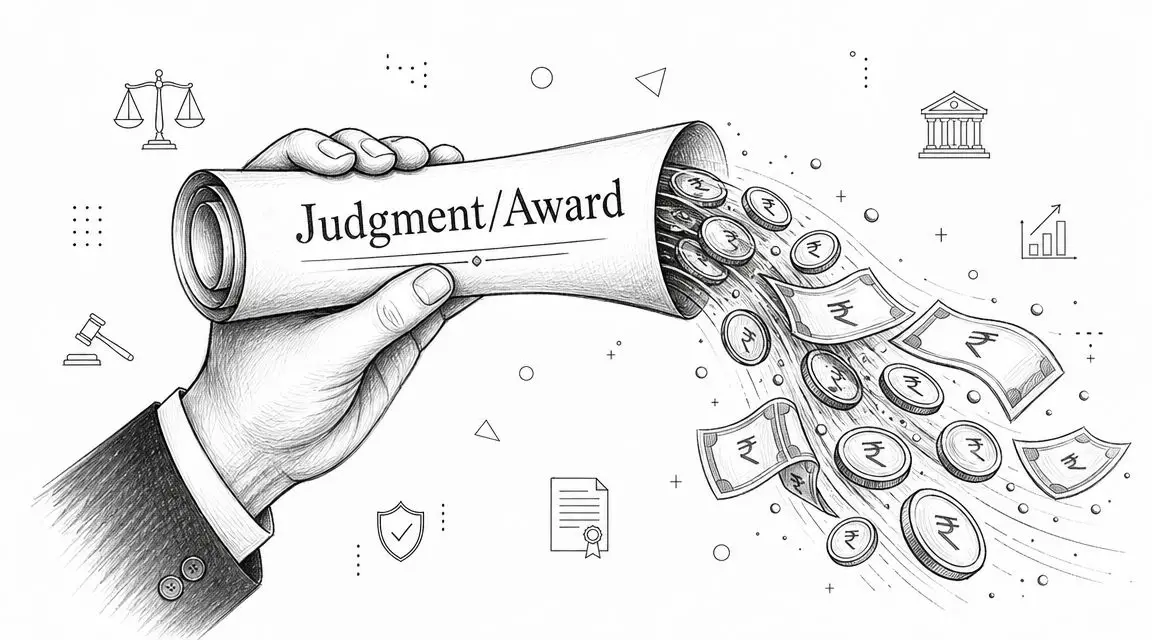 A hand holding a legal document labeled Judgment Award with Indian Rupee coins and currency bills emerging.