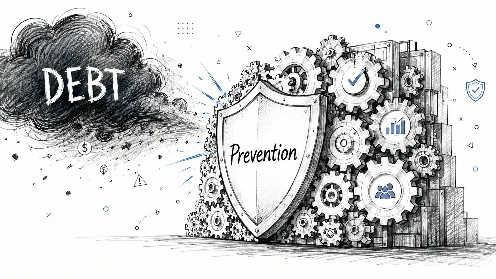 A conceptual illustration showing a shield labeled Prevention blocking a dark storm cloud labeled Debt.
