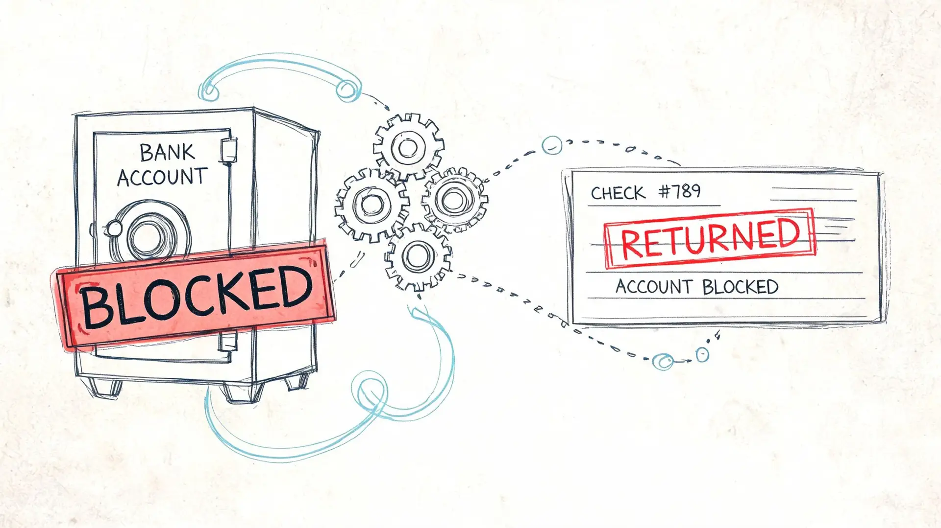 A conceptual sketch showing a bank account safe blocked, leading to a returned check due to restrictions.