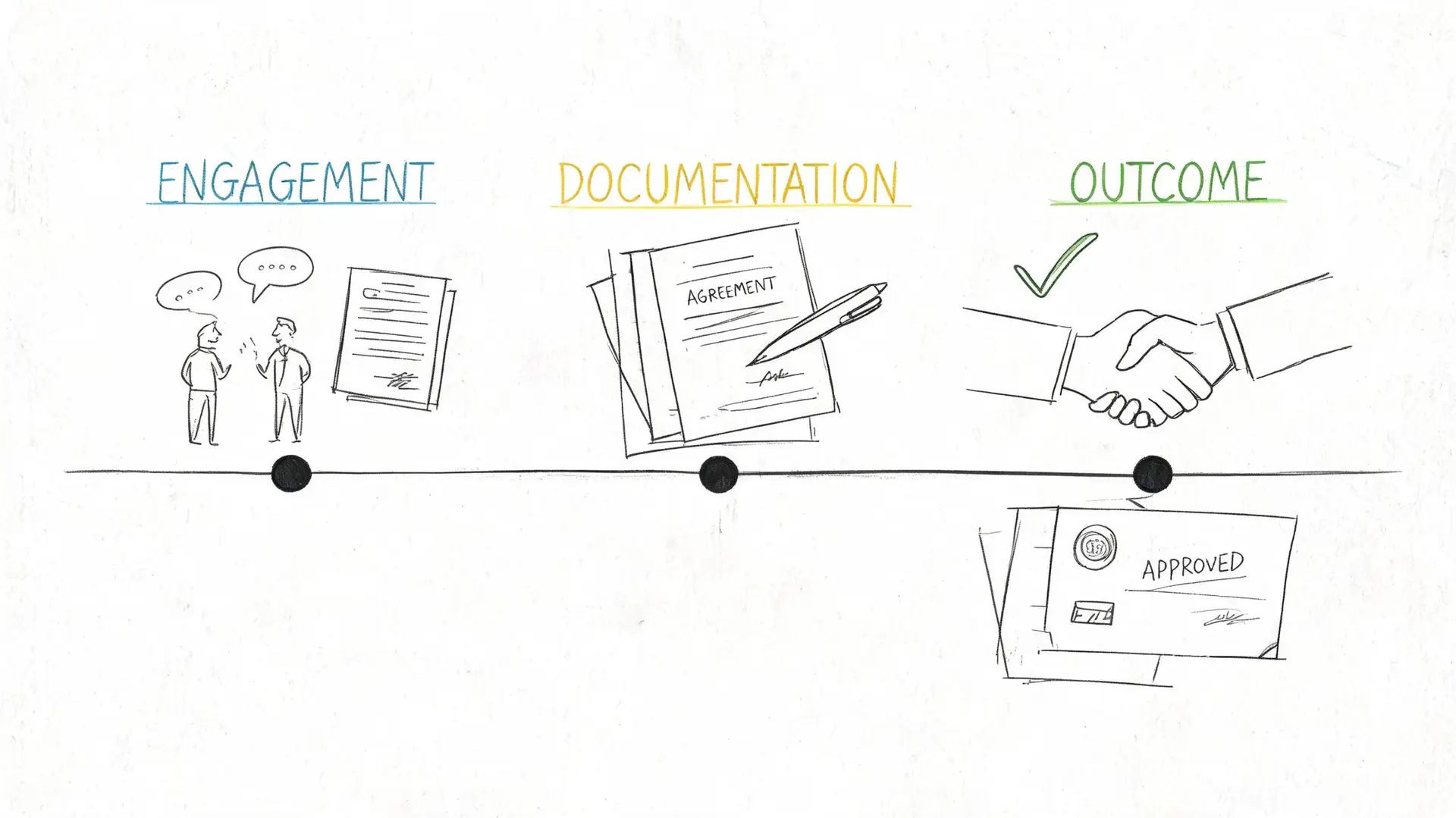 A hand-drawn timeline illustration depicting the business process stages of engagement, documentation, and successful outcome approval.