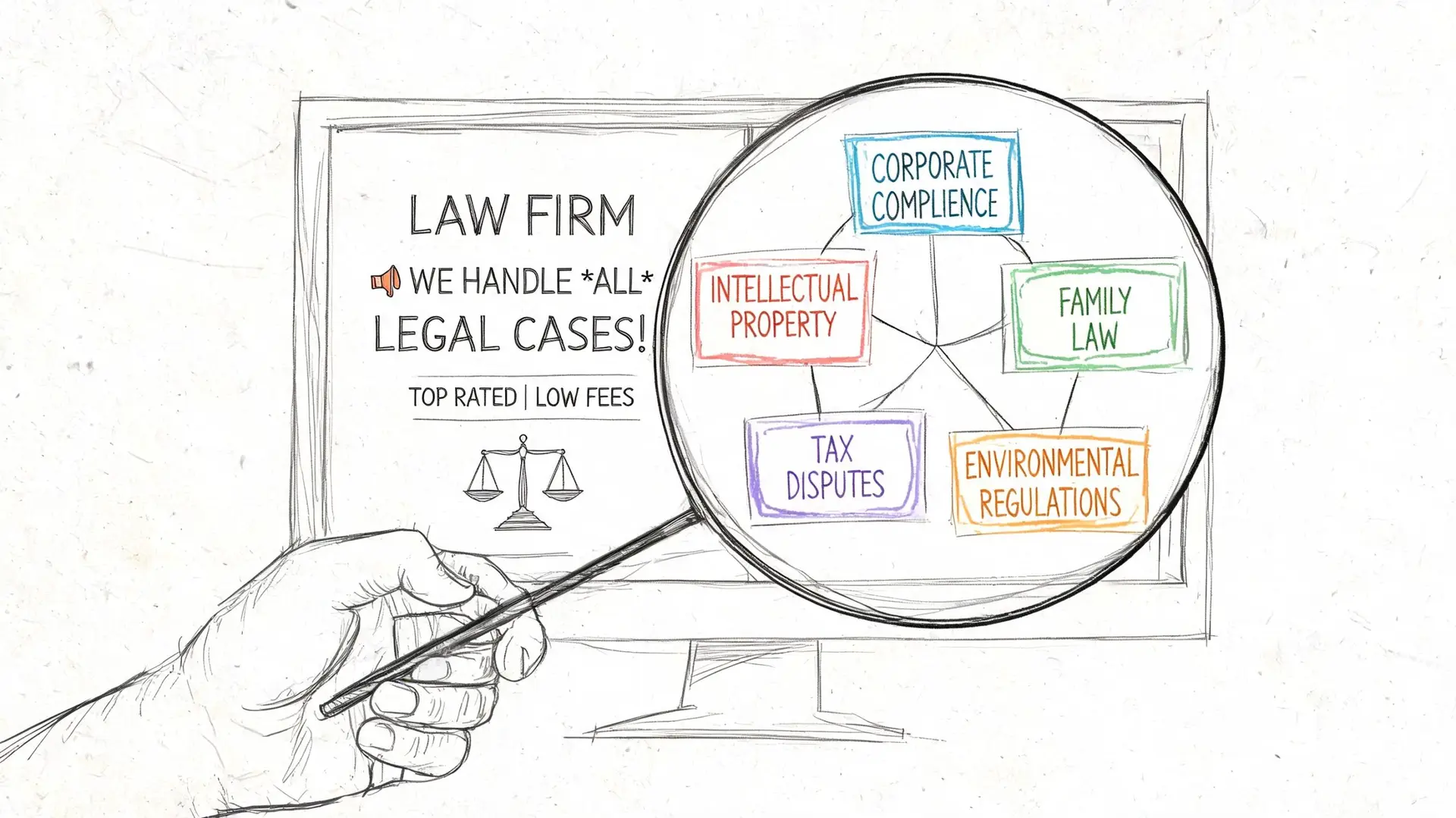 A hand holding a magnifying glass over a computer screen showing various legal practice areas.