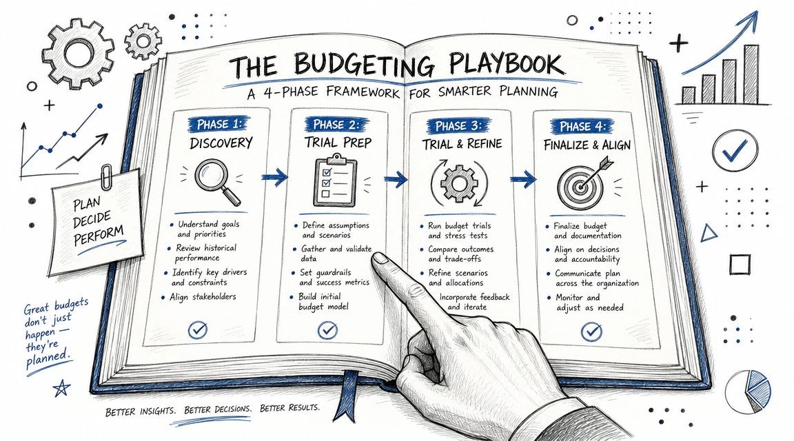 A hand points to a four-phase budgeting playbook framework for smarter planning and financial management.