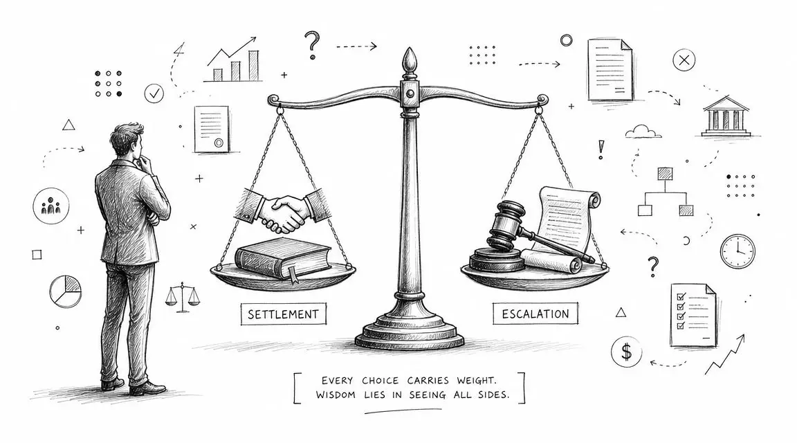 A person standing before a balanced scale weighing a handshake representing settlement against a gavel representing legal escalation.