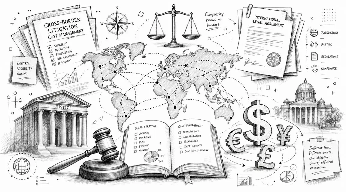 A hand-drawn illustration depicting cross-border litigation, global legal strategy, international cost management, and complex legal resolution.
