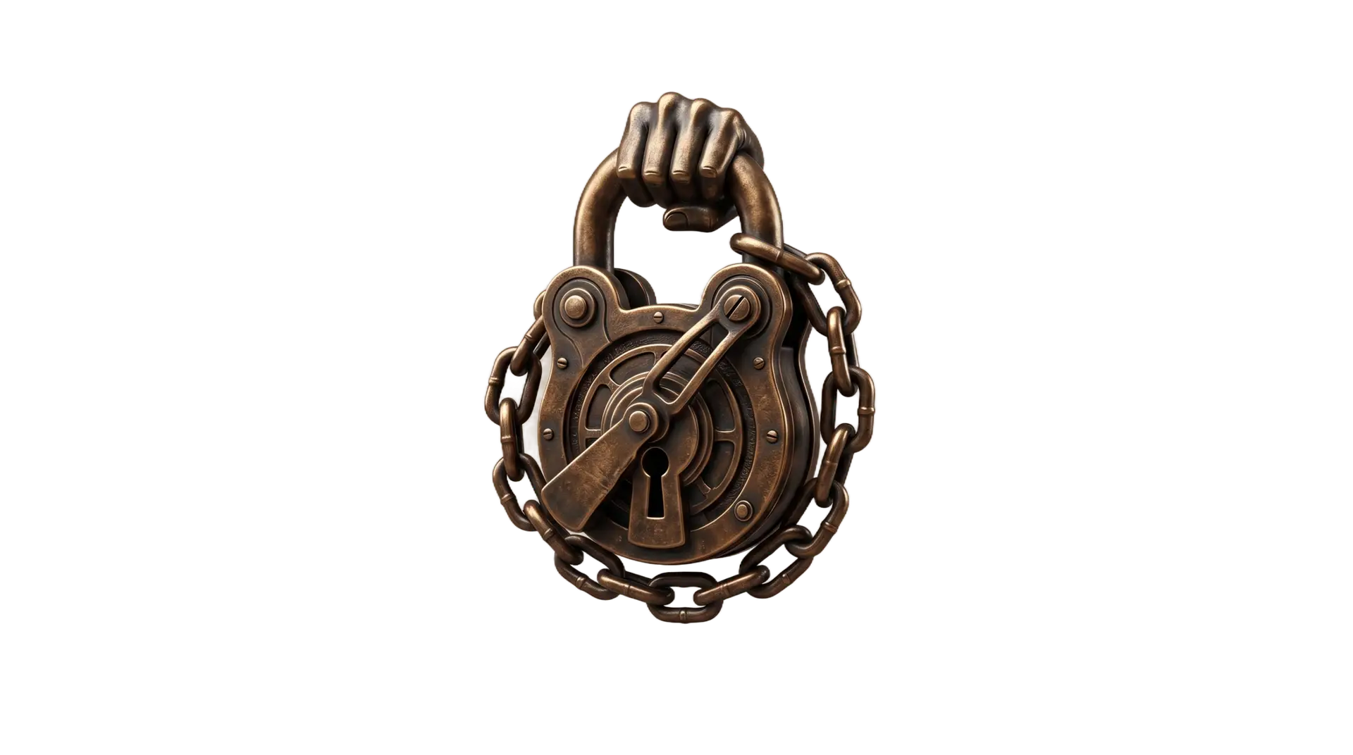 An intricate steampunk padlock sculpture made of patinated bronze encircled by heavy metallic chains, symbolizing asset protection and Mareva injunctions in 2026 cross-border litigation