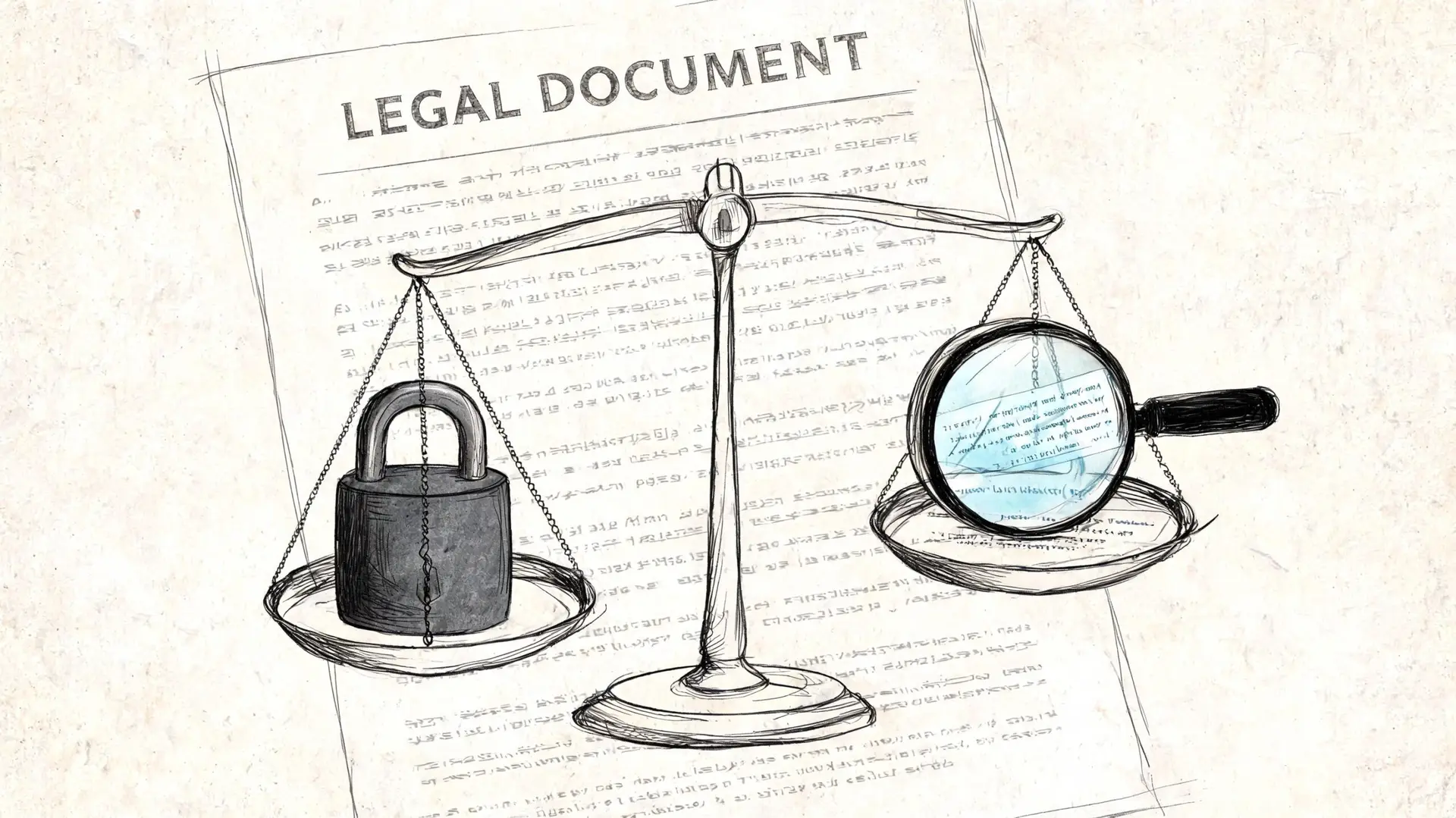 A conceptual sketch showing a balance scale with a padlock on one side and a magnifying glass on the other, representing legal scrutiny and privacy.