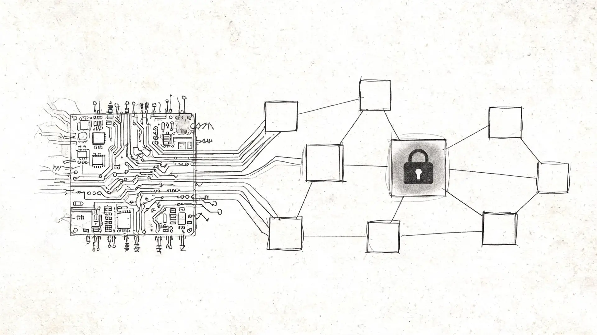 A pencil sketch of a computer circuit board connected to a network of blocks featuring a lock symbol.