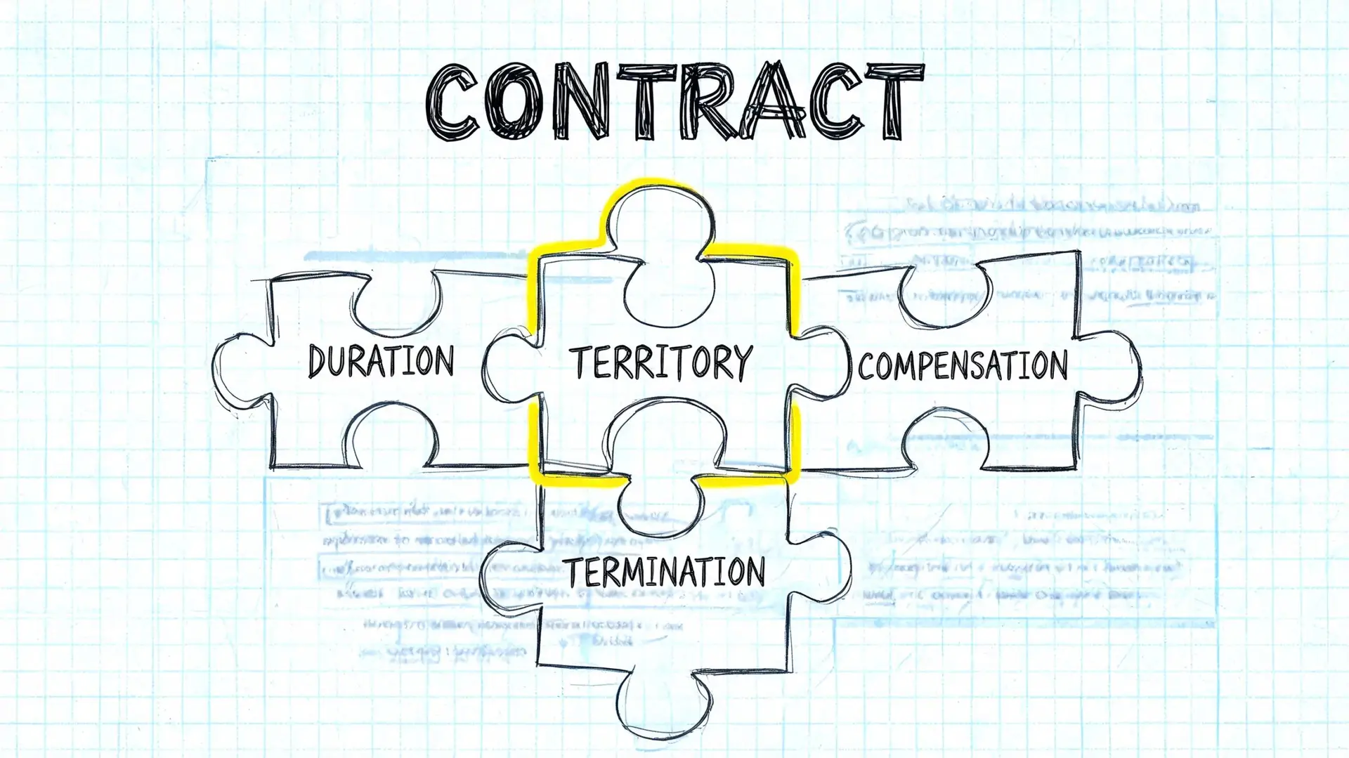 A conceptual hand-drawn diagram illustrating key contract components like duration, territory, compensation, and termination as jigsaw pieces.