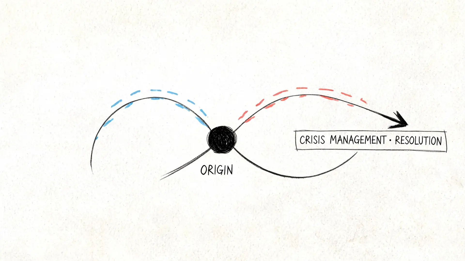 A hand-drawn illustration showing an origin point with two curved paths leading towards crisis management and resolution.