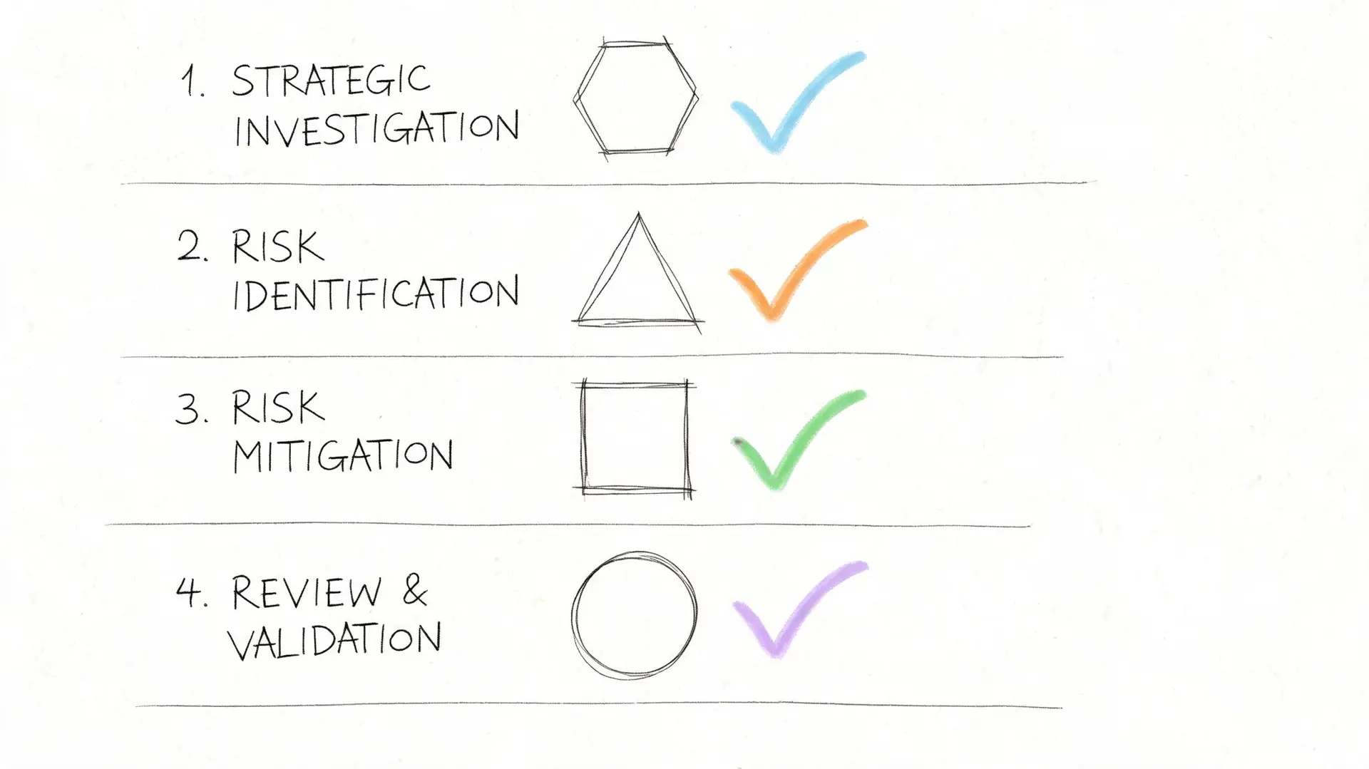 A four-step business process list titled Strategic Investigation, Risk Identification, Risk Mitigation, and Review and Validation.