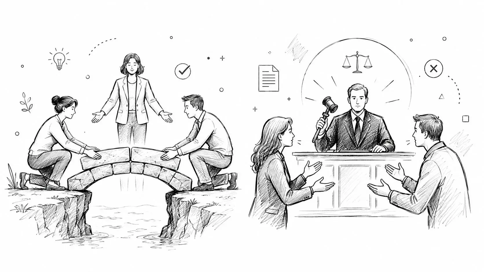 A line drawing contrasting collaborative conflict mediation with a formal courtroom arbitration process between two parties.
