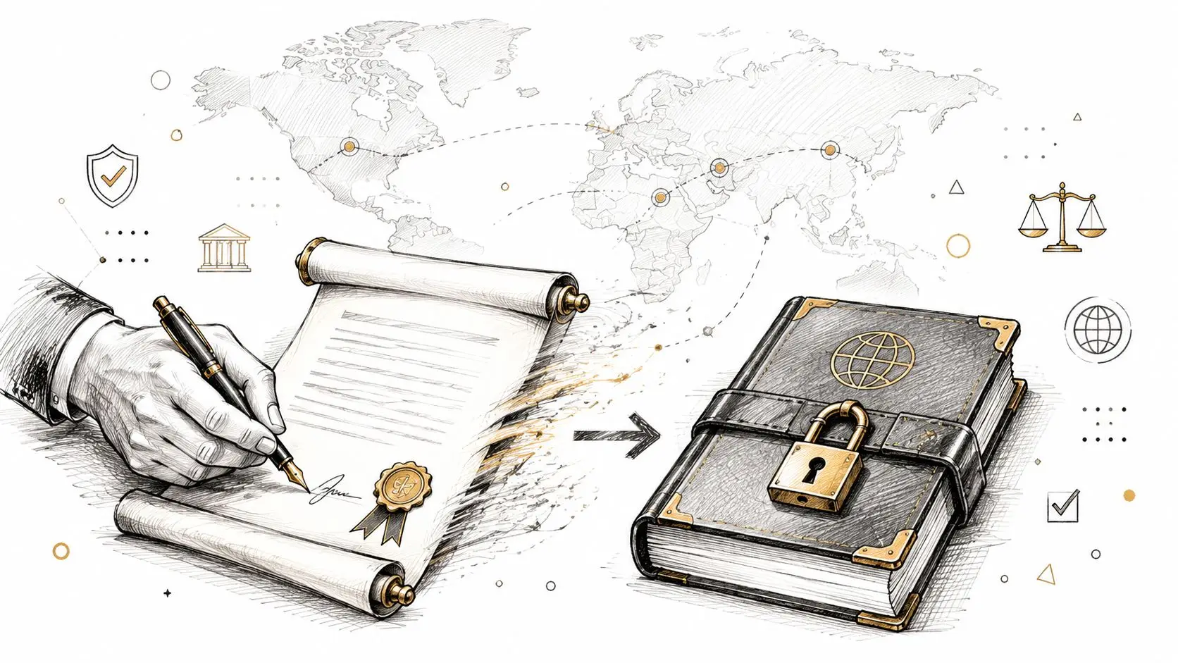 A hand signing a legal document that transforms into a locked book representing international legal processes.