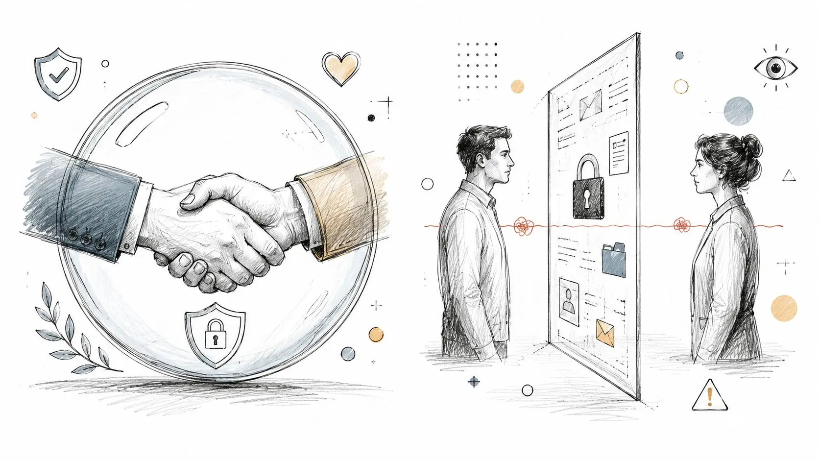 Conceptual illustration contrasting a protected handshake with a divided negotiation process between two professionals.