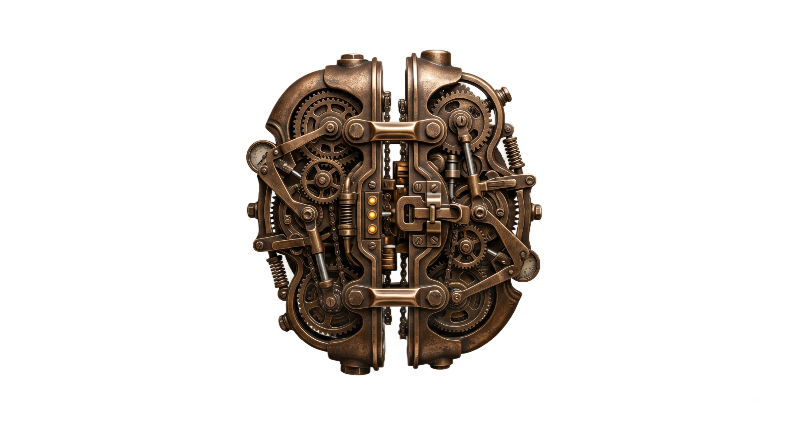 A detailed steampunk bronze mechanical construct representing complex legal remedies for partnership agreement breaches in Israel, centered on a neutral studio background