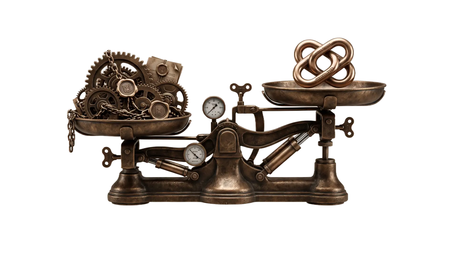 A highly detailed bronze steampunk balance scale sculpture symbolizing commercial dispute resolution and strategic legal alignment on a neutral studio background
