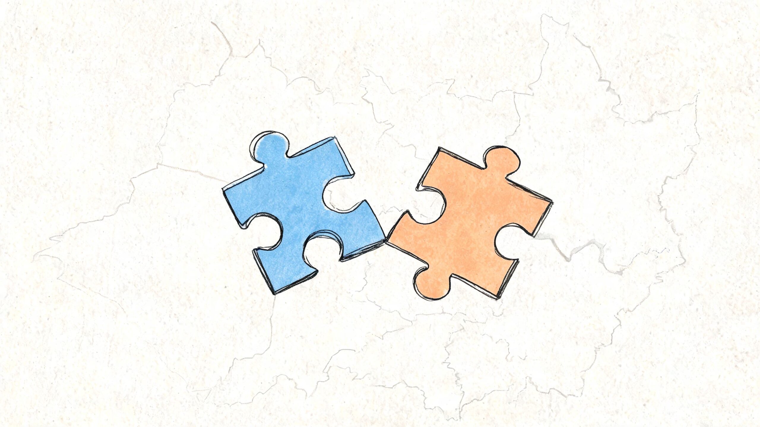 A blue and an orange puzzle piece being joined together against a faint sketched map background.