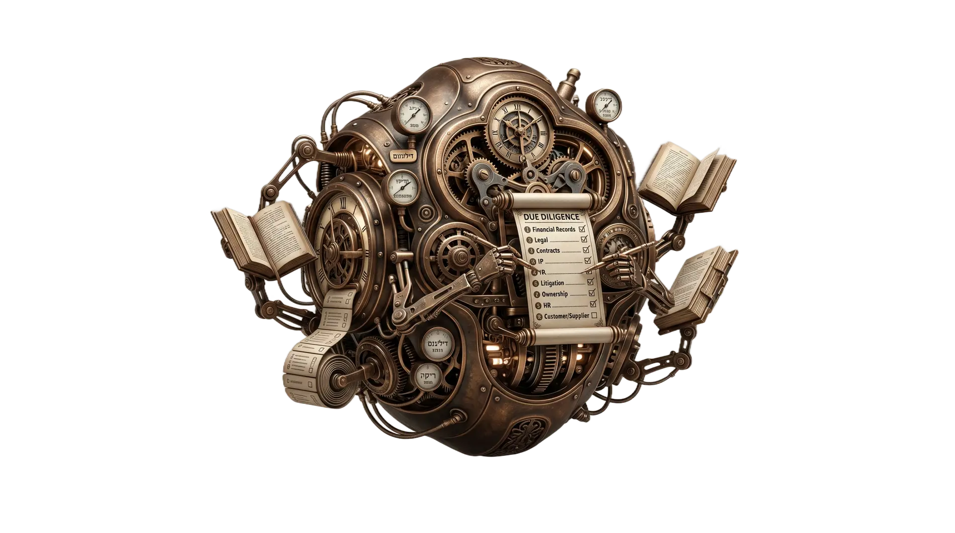 A detailed Steampunk bronze mechanical construct, symbolizing the 2026 small business due diligence checklist process in Israel