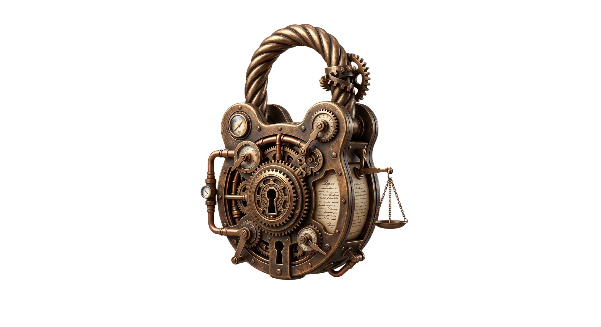An intricate steampunk padlock made of aged bronze with internal gears, a miniature scales of justice, and an embedded legal document scroll, centered on a neutral studio background