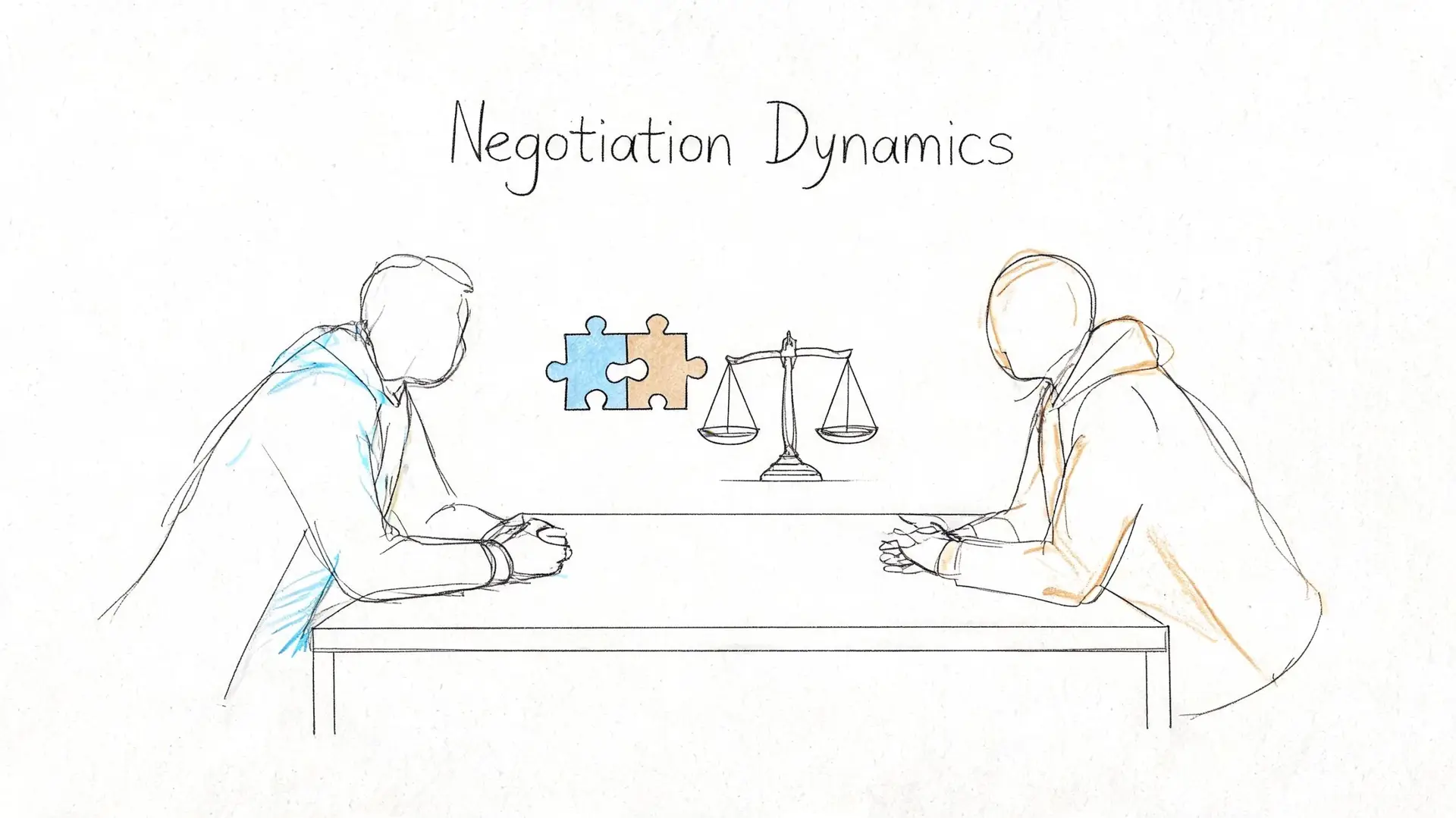 A minimalist sketch of two people sitting at a table negotiating with puzzle pieces and scales.