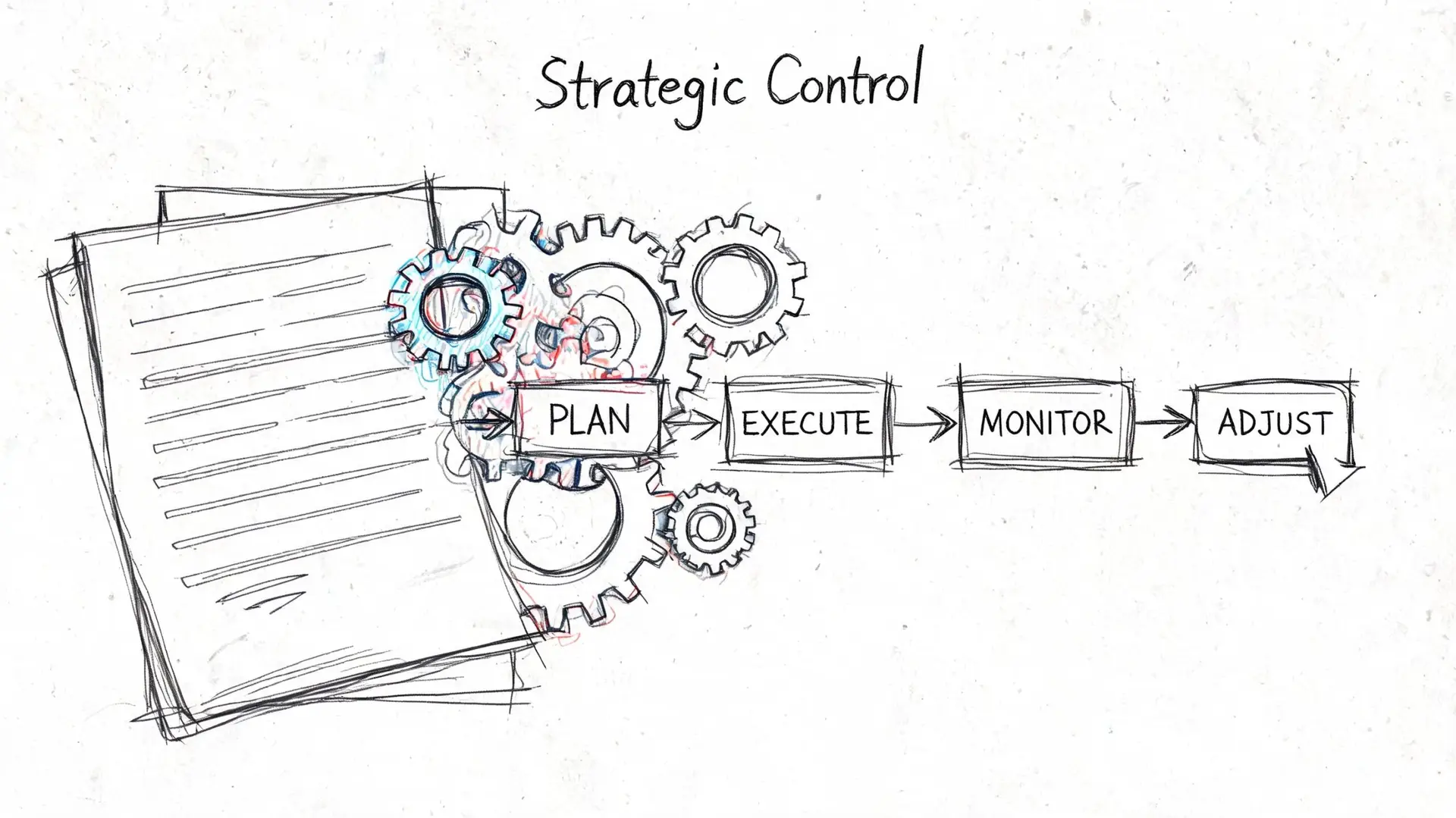 A hand-drawn sketch illustration showing the four-step process for strategic control in business management.