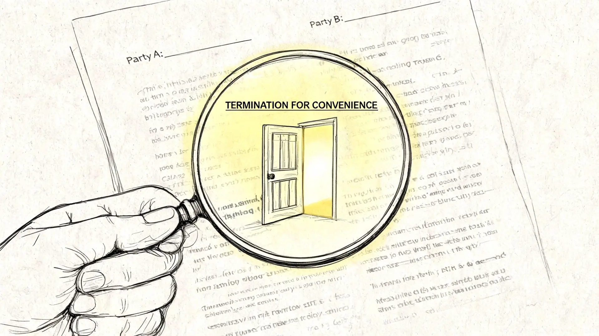 A hand holding a magnifying glass over a contract with the phrase Termination for Convenience written above.