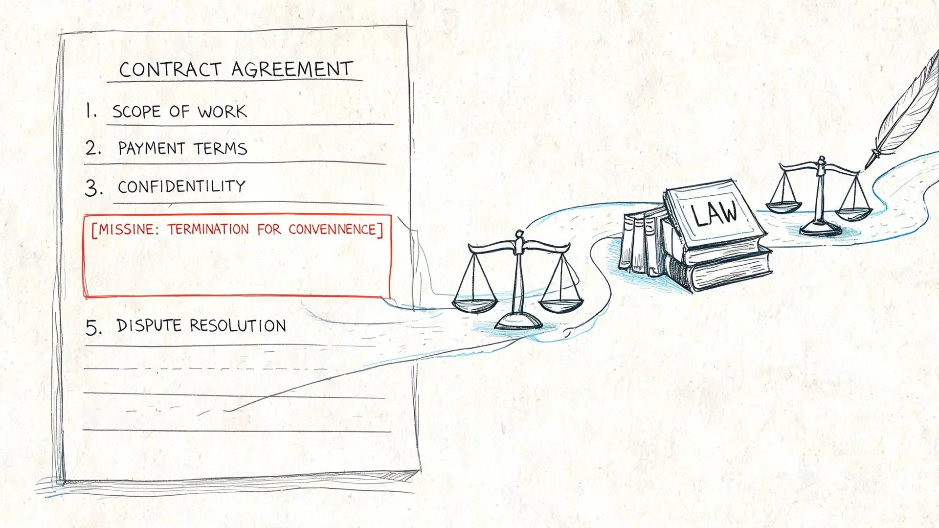 A conceptual illustration of a legal contract showing a missing termination clause represented by scales of justice.