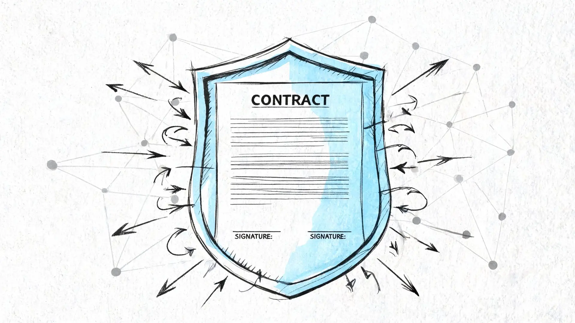 A hand-drawn shield icon protecting a document labeled contract, surrounded by arrows and network connection nodes.