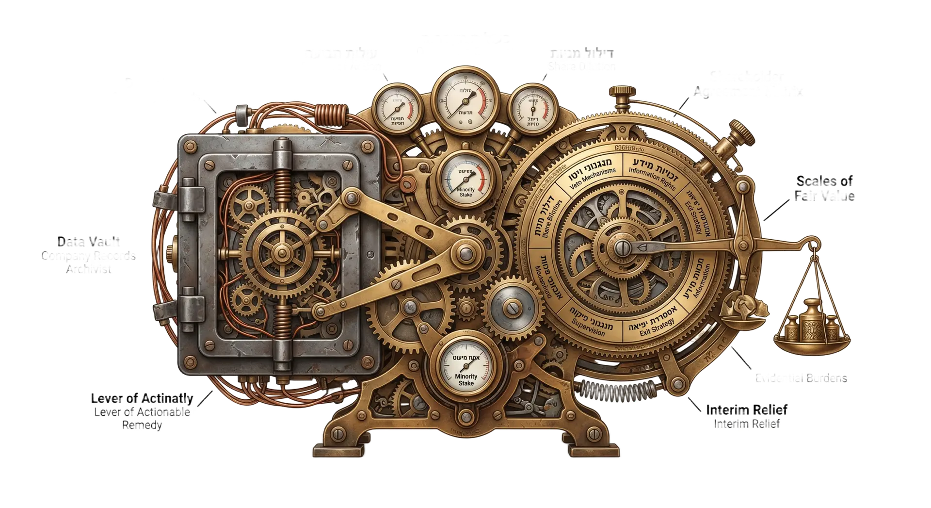 An intricate steampunk mechanical device with Hebrew-labeled brass gears and gauges mapping commercial litigation remedies, minority shareholder rights, and corporate risk vectors