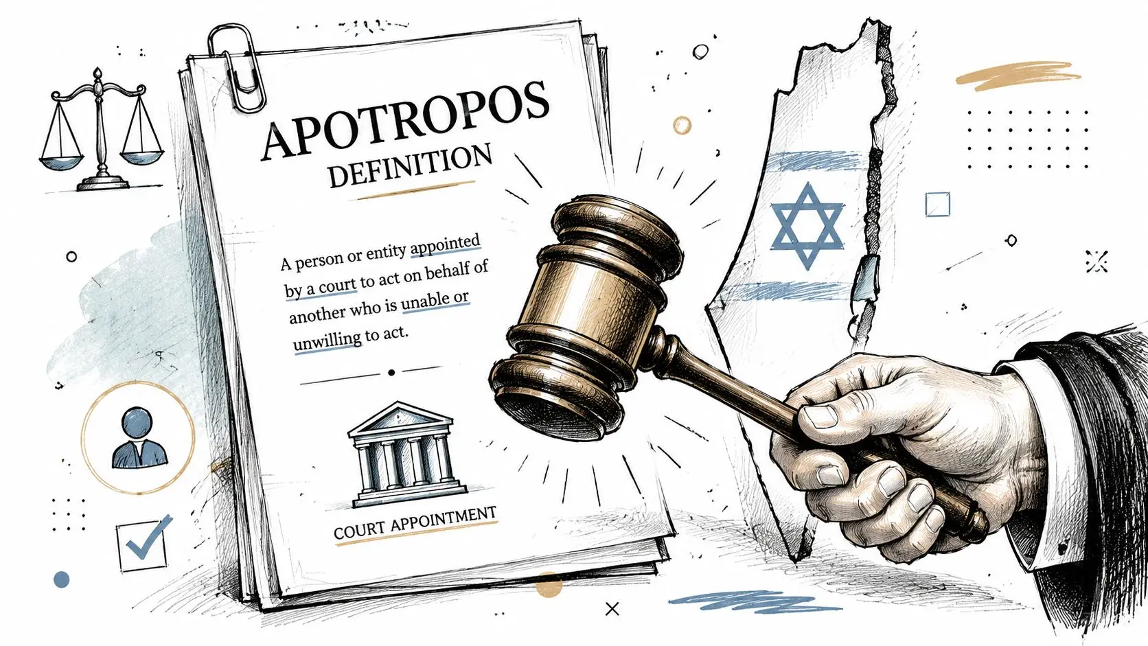 A gavel held by a hand over a document explaining the legal definition of an Apotropos in Israel.