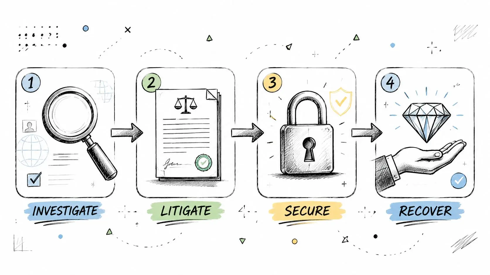 A four-step infographic illustrating the asset recovery process: investigate, litigate, secure, and recover with hand-drawn icons.