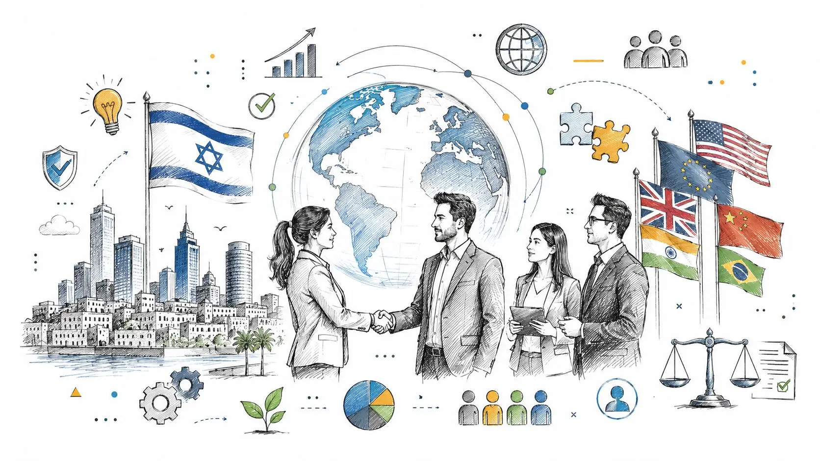 A professional business sketch featuring a handshake, world globe, national flags, and icons representing global trade and cooperation.