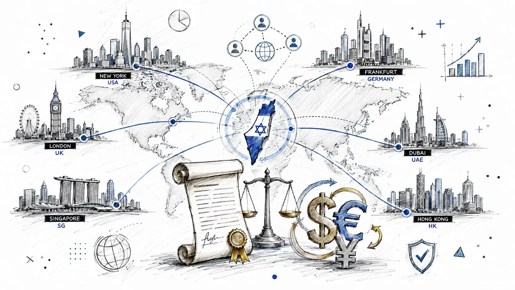 A conceptual illustration showing Israel connected to major global financial hubs via network lines.