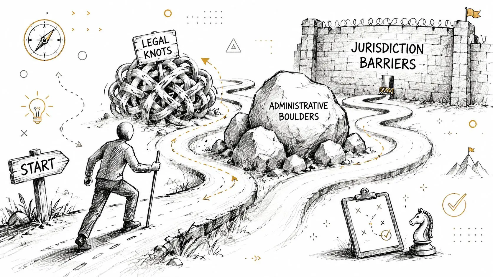 A person navigating obstacles like legal knots and administrative barriers during an asset recovery process.